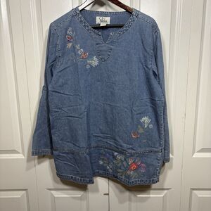 VTG CJ Banks Denim Tunic X (14W) Blue Embroidered Floral Boho Cottagecore Y2K